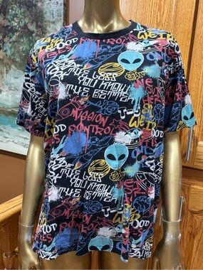 Eighty Eight Black Alien Graffiti Print Short Sleeve Tee